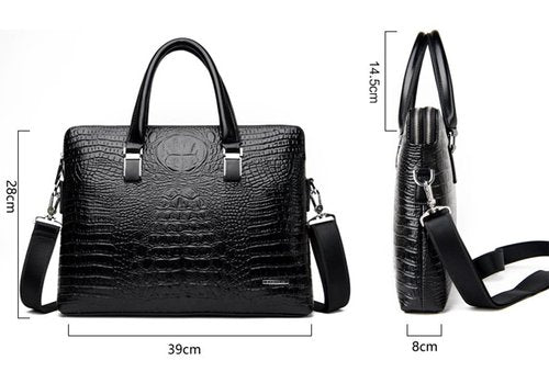 Luxury Crocodile Pattern Leather Briefcase, Business Laptop Bag with Shoulder Strap, Black, Black, Medium
