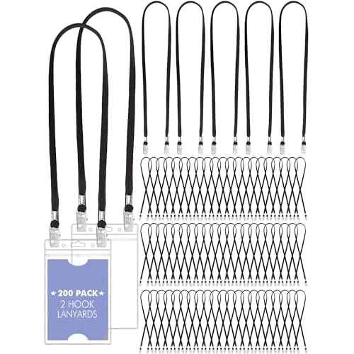 Patelai 200 Pack Double Clip Lanyards Bulk Face Mask Lanyard Twist Free 2 Hook Design Adjustable Badge Neck Strap for Conference Office Class Essential Back to School Gifts ID Card Keychain (Black)