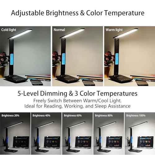 LED Desk Lamp with 10W Wireless Charger & USB Port, Eye-Caring Dimmable Touch Control Lamp with Clock Display, Adjustable Foldable Arm, 5 Brightness & 3 Color Modes for Home Office Study