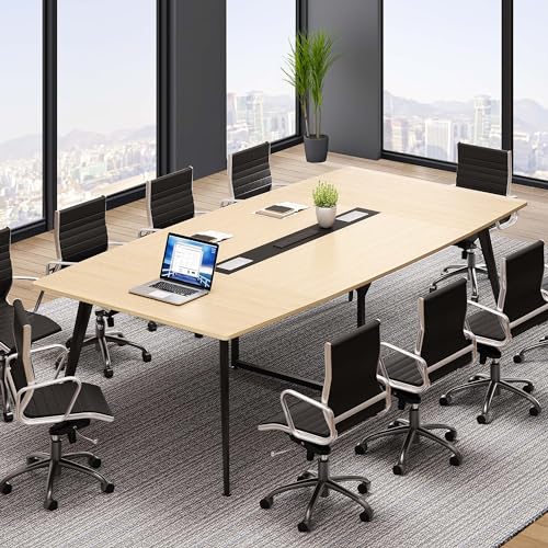 8FT YITAHOME Boat Shaped Conference Table with Power Outlets & USB, Light Wood