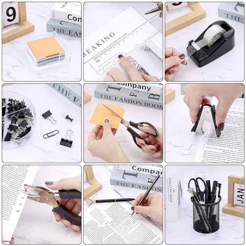17 in 1 Black Desk Organizers and Accessories Set, 3 Office Desk Supplies Storage Organization, 4 Pens, Stapler, Staples & Remover, Tape & Dispenser, Scissors, Ruler, Clips, Hole Punch, Back to School