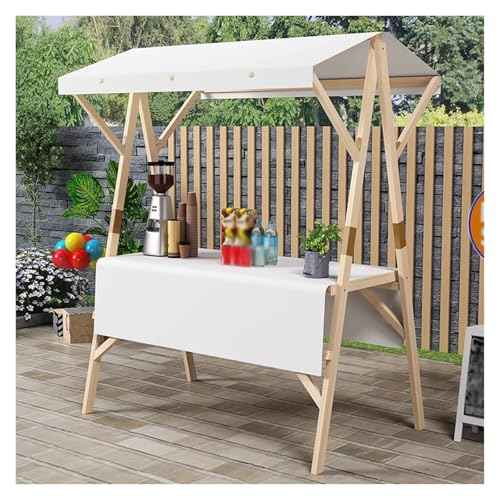 JYHHCYS Foldable Food Cart with Wheels for Business, Portable Wooden Market Stall Display Stand for Outdoor Vendor, Mobile Lemonade Stand Cart with Canopy for Events(White,Large)