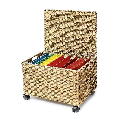 Trademark Innovations Rolling File Box Wicker File Cabinet Hanging File Baskets Water Hyacinth Storage Basket