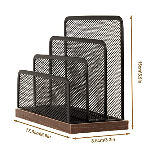 Wooden Desk Mail Organizer, Desktop File Organizer Metal Mesh with 3 Vertical Upright Compartments, Mail Sorter Letter Organizer Rack for Letters, Postcards, Brochures, Mail Holder (2 Pack Black)
