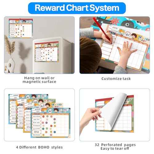 Boho 32 Chore Charts Behavior Reward Chart System,Sticker Chore Chart Pad for Kids with 2328 Stickers, 12.2" x 9.8" Magnetic Reward Chart to Develop Responsibility & Good Habits.