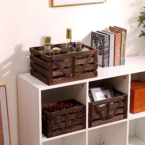 Wooden Storage Crates Nested Crates Set of 3 (Large,Medium,Small),Farmhouse Decorative Boxes with Handles for Home Organization,Display,Brown Wood Crates