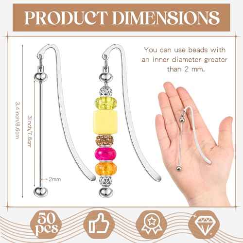 50 Pcs Beadable Bookmarks DIY Metal Blank Bar Bookmark Silver for Beads Modern Bead Craft Jewelry Pendant Charm Gift for Book Lovers Student Teacher Office Supplies