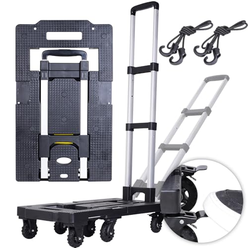 Upgraded 600LB Heavy Duty Folding Hand Truck Dolly, Light Weight Utility Dolly Platform Cart with 7 Wheels, Brakes, Handle Lock, and 2 Elastic Ropes for Luggage, Moving, Shopping Use