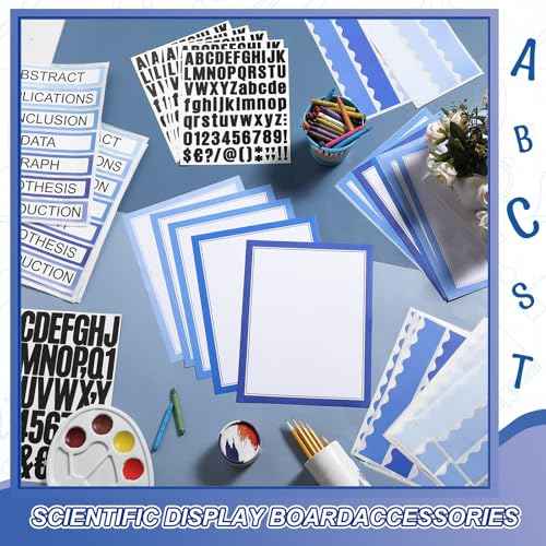 92 Pcs Science Fair Board Supplies 60 Trim Scalloped Poster Boards 18 Presentation Subtitles 6 Project Titles 8 Letter Sticker for Classroom Display Boards(Blue Tone)
