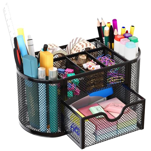 EasyPAG Mesh Pen Holder Desk Organizer with Drawer - Black, 9 Compartments
