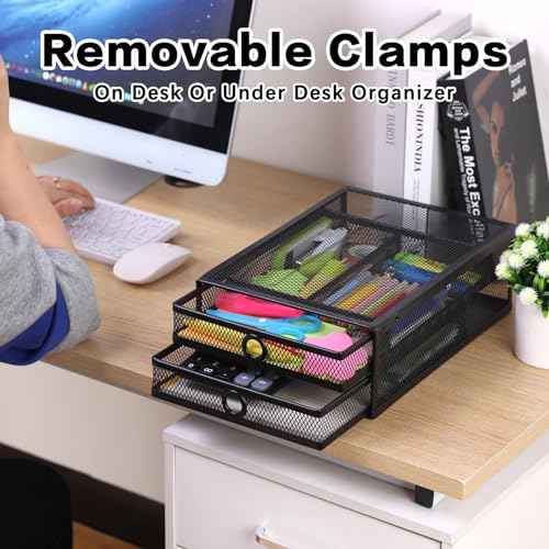 ROSYLINE Under Desk & Desktop Drawer Organizer - 2-Tier Metal Slide Out Drawers Organizer, Storage for Home Office Desk (Black)