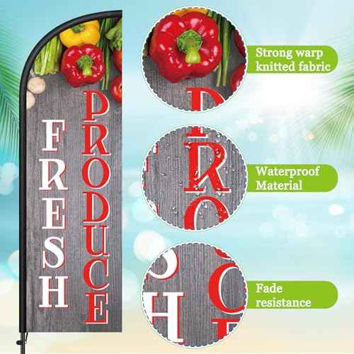 2 Sets 7 ft Fresh Produce Feather Flag with Flagpole and Ground Stake, Fresh Produce Advertising Feather Banner Flag Sign for Farm Fruit Shop Market Store Business Advertising Supplies