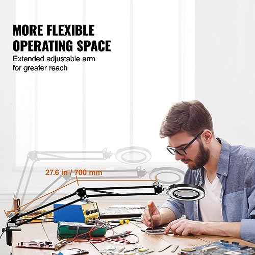 VEVOR 5X Magnifying Glass with Light and Stand, ¡¼Upgraded¡½ 5 Color Modes Stepless Dimmable, 4.3" Glass Lens Magnifier Desk lamp, 2-in-1 Magnifying Light and Stand for Crafts, Reading, Close Work