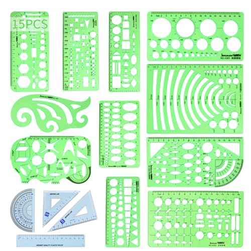15PCS Geometric Drawings Templates,Transparent Green Plastic Ruler, Drafting Stencils Measuring Tools, Measuring Geometry Rulers for Office, Studying