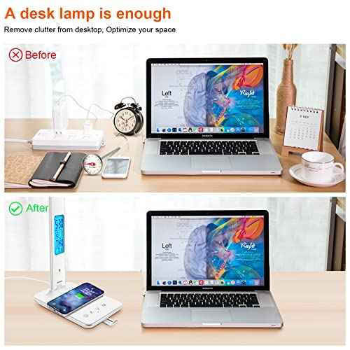 Desk Lamp with Wireless Charger£¬USB Charging Port, Dimmable Office Desk Light with Clock, Alarm, Date, Temperature, Foldable Lamp for Table Bedroom Bedside Office (White, Standard Size-13.3 inch)