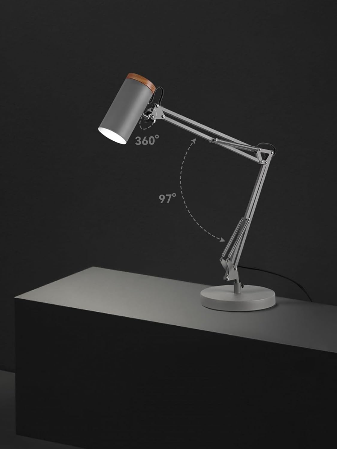 TORCHSTAR Tall Swing Arm Desk Lamp - Adjustable Metal Task Lamp with Wooden Accent | Max Height 31", Grey