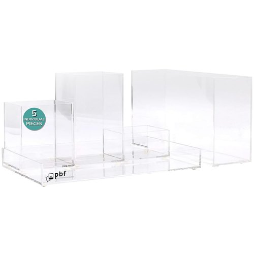 pbf Acrylic Desk Organizer | 5-Piece Modular Clear Acrylic Pen Holder for Desk | Clear Pencil Holder | Acrylic Paper Tray | Pen Organizer | Bookmark Holder | Pencil Cups