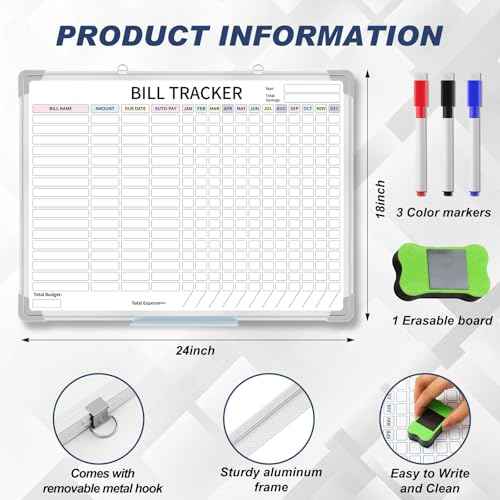 24 x 18 Inch Monthly Bill Payment Tracker Organizer Whiteboard Aluminum Frame Wall Monthly Bill Payment Checklist Magnetic Dry Erase Board Planner for Personal Budgeting Financial(Classic)