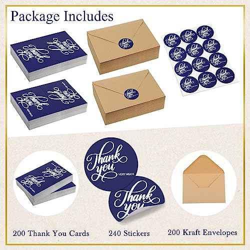 Fulmoon 200 Pack Thank You Cards with Envelopes and Matching Stickers 4x6 Blank Thank You Cards Bulk for Wedding Small Business Baby Bridal Shower(Blue)