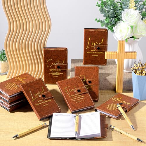 Spakon 40 Pcs Christian Gift Bulk Leather Prayer Journal Religious Notebook with Bible Verse Pens Teacher Appreciation Gift for Women Men Church Sunday School Pastor (Dark Brown)