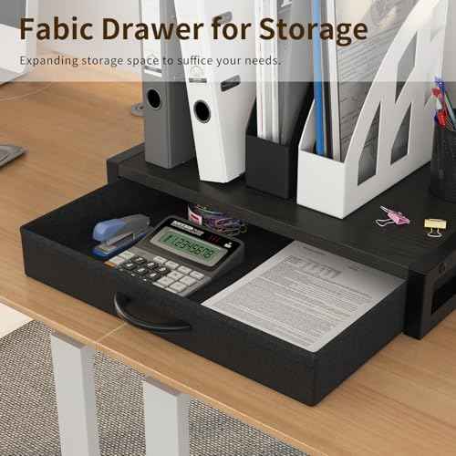 2-Tier Desktop Printer Stand and Storage Shelf, Home Office Desk with Fabric Drawer, Organizer for 3D Printer, Fax Machine, Scanner, Compact Size 17.3"x11.8" Printer Stand for Desk, Black