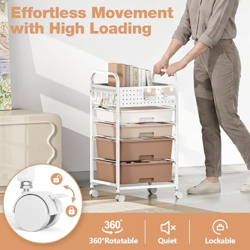 SYKIARIOL 4-Drawer Rolling Storage Cart with Pegboard Top, Brown