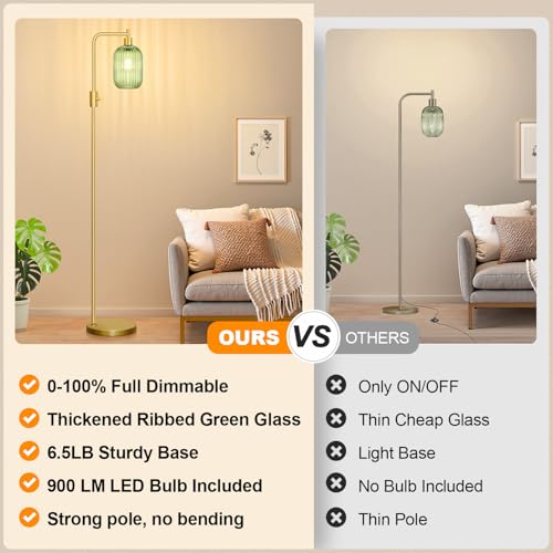 ¡¼Upgraded¡½ Dimmable Glass Floor Lamp for Living Room, Modern Gold Standing Lamp with Green Ribbed Glass Lampshade & Knob Dimmer, Arc Tall Lamp for Bedroom Office Reading Room, 2700K Led Bulb Included