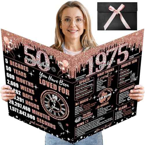 Large 50th Birthday Card for Women with Envelope, Black Rose Gold Happy 50th Birthday Guest Book Gifts Jumbo Fifty Greeting Card Back in 1975 Decorations Party Supplies