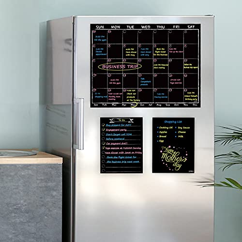 JJPRO Monthly Magnetic Chalkboard Calendar with Neon Liquid Chalk Markers - Black Refrigerator Planner Set