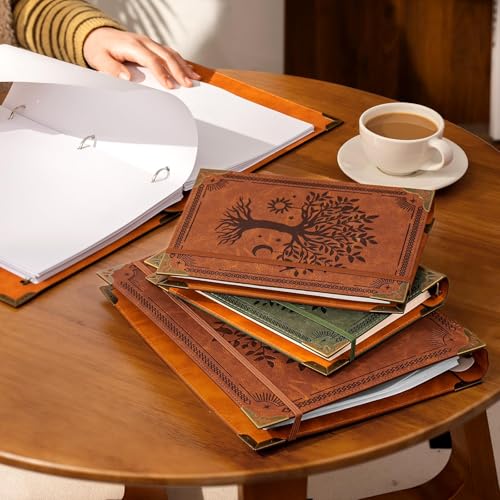 Leather 3 Ring Binder Fits 8.5"x11" Letter Size Paper, 1 Inch Round Ring Binder Holds 200 Sheets, Notebook Cover Loose Leaf Organizer, Green Tree