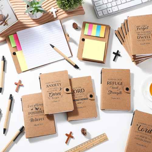 Thenshop 20 Sets Christian Gift Bulk Scripture Notebook Bible Verse Pen Religious Ballpoint Pen Sticky Note for Women Men, Church, Sunday School, Operation Christmas, Vbs, Pastor, Thanksgiving(Brown)