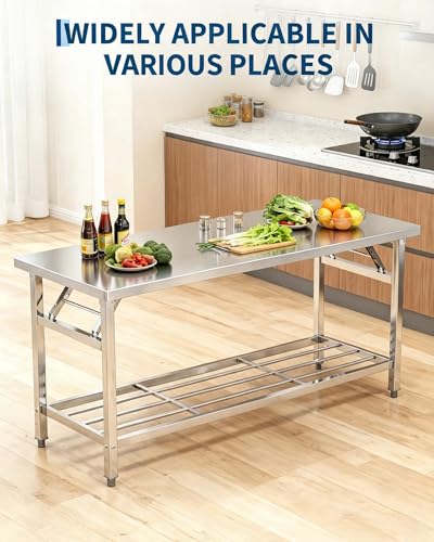 Garvee 48x24 Inch NSF Stainless Steel Folding Prep Table with Undershelf – Heavy-Duty Mobile Work Station