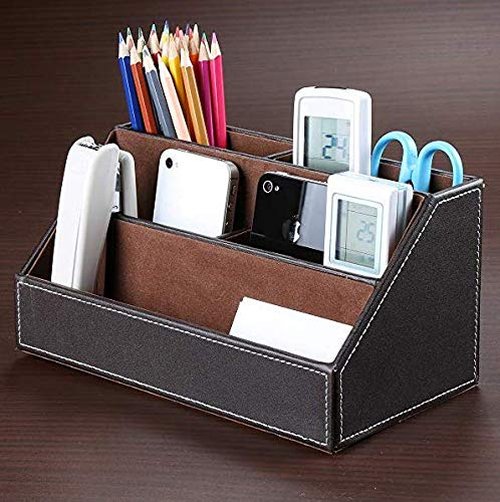 Bargain Crusader Brown PU Leather Remote Controller Holder TV Guide CD DVD Controller Organizer Desk Caddy Stationery Organizer Caddy Stationery Holder (L:9.45 x W:5.3 x H:4.3/1.6 inches, Brown)