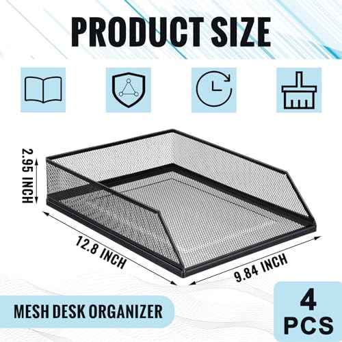 Hicarer 4 Pcs Black Metal Letter Tray Stackable Desk Tray Single Wire Mesh Organizer Front Load File Paper Holder for Desktop Office Home School Classroom (12.8 x 9.84 Inch)