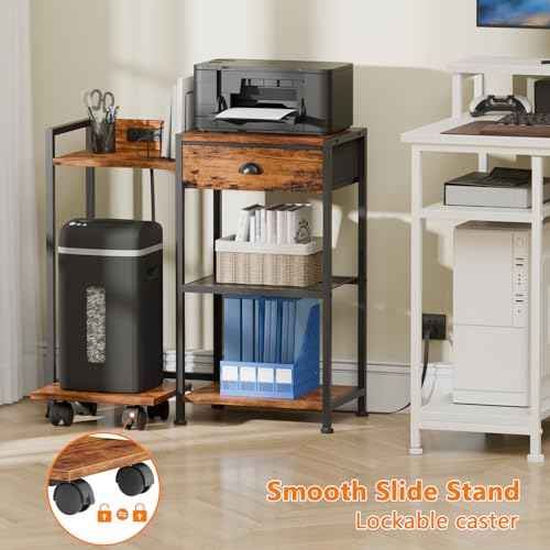 Furologee Printer Stand with Storage Drawer,Printer Table with Charging Station and USB Port,Industrial 3 Tier Shelf, Shredder Stand with Wheels,for Home Office,Rustic Brown