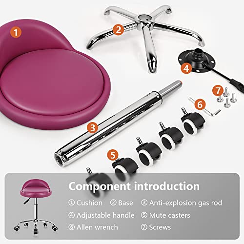 KKTONER PU Leather Round Rolling Stool with Back Rest Height Adjustable Swivel Drafting Work SPA Medical Task Chair with Wheels (Rose red)