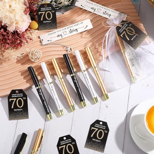25 Sets Birthday Favors for Guests 25 Thanks for Coming Ballpoint Pens 25 Bookmarks 25 Cards with Organza Bag for Adult Birthday Anniversary Party Souvenir(Metal-70th)