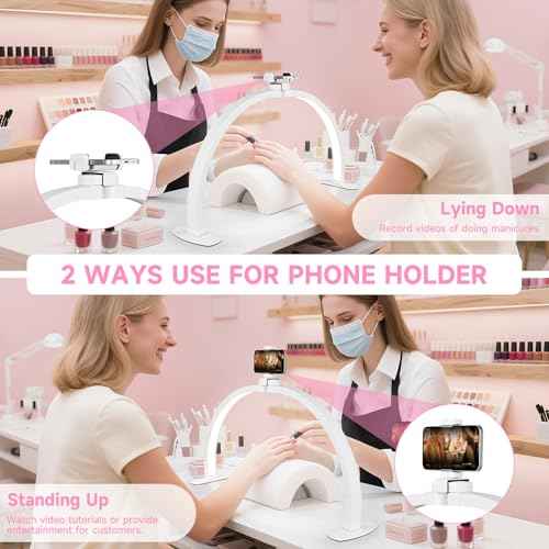 Half Moon Light for Mail Desk - 29" Foldable Arch Nail Desk Light for Nails Tech with Phone Holder, Professional LED Ring Nail Table Lamp for Manicure Salon Tattoo Eyebrows Beauty Lighting