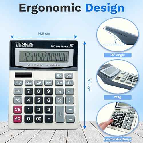 Empire Desk Calculator with Large Key Buttons, 12-Digit Large Eye-Angled Display, Solar & Battery Powered - Basic Calculator for Students, Home and Office Use (Battery Included)