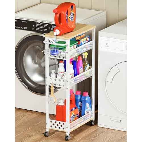 Rolling Slim Storage Cart, 4-Tier Narrow Bathroom Laundry Room Organization Cart, Metal Kitchen Storage Mobile Shelf Unit Organizer with Wood Top, Slim Utility Cart with Wheels for Small Space
