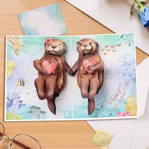 Anniversary Card, Otter 3D Pop Up Anniversary Cards for Wife, Husband, Couple, Valentines Day Card with Message Note & Envelope, Funny Valentines Cards for Him, Her, Girlfriend, Boyfriend