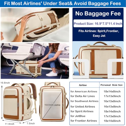 EZUOLA Travel Backpack for Women Large 25L Beige Carry-On Airline Approved