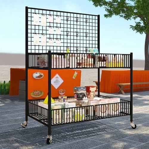 Rolling Metal Wire Retail Display Stand with 4 Wheels & 10 Hooks, Mobile Street Food Vendor Cart for Craft Show Fair/Flea Market/Events, Gridwall Panel Showing Rack(Black,25 3/5inch)