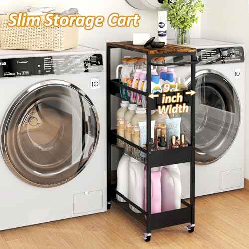 Slim Rolling Utility Cart, 4 Tier Metal Narrow Storage Cart with Handle and Wood Top, Multifunctional Small Mobile Shelf Unit Organizer Trolley for Laundry, Bathroom, Kitchen