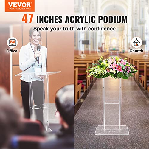 VEVOR 47" Acrylic Podium Stand with Reading Surface & Storage Shelf – White (Variation: 47" White)
