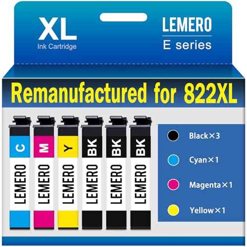 LEMERO Remanufactured for 822XL Ink Cartridges Replacement for Epson 822 822 XL Ink Combo Pack for Workforce Pro WF-3820 WF-3823 WF-4820 WF-4830 WF-4833 Printer (3 Black 1 Cyan 1 Magenta 1 Yellow)