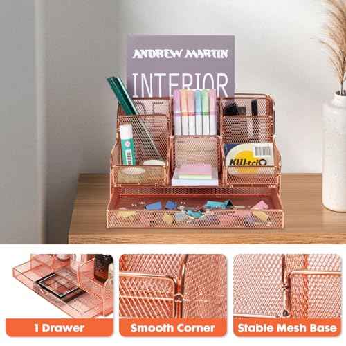 Barelove Rose Gold Desk Organizer with Sliding Drawer, Large Office Desktop Mesh Pen Pencil Holder Caddy Organization with 7 Compartments for Home School Supplies Stationery Book IPAD, Christmas Gifts
