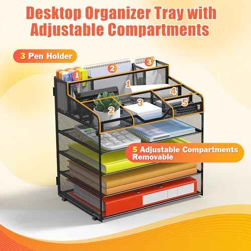 Docnest 5 Tier Mesh Desk Organizer for Paper Office Supplies ? Multi-Functional Letter Tray with 5 Adjustable Compartments, 3 Pen Holders, Desktop Storage for Files, Mail, Stationery ? Black