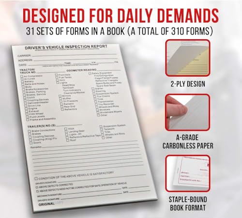 Mytee Products Driver Vehicle Inspection Report Book 31 Sets 5.5 x 8.5 in - 10 Pack DVIR 2-Ply Carbonless, Stapler Bound