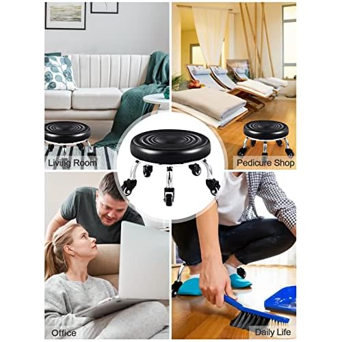 Lorvain Low Stool with Wheels, Roller Seat Short Rolling Stools with Universal Swivel Caster Wheels Leather Little Low Small Stools on Wheels for Home Garage to sit on- Black